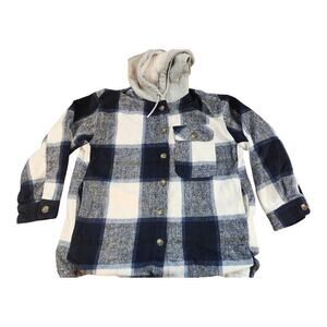 ee some womens med. lined shacket with hood button up blue and white